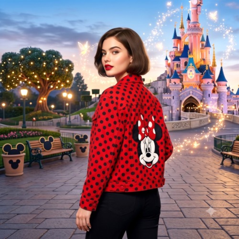 Disney Store‎ Minnie Mouse Red Black Polka Dot Denim Snap Jacket Size XL